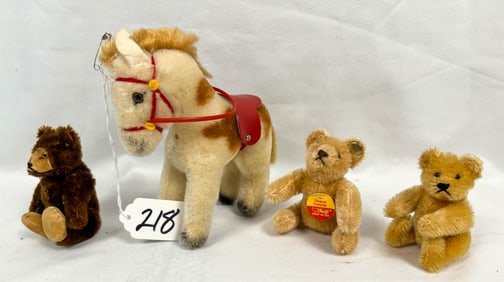 Steiff Small Horse and Bear, and 2 Jointed 3" Mohair Bears