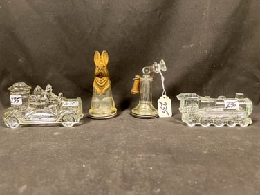 4 Antique Glass Candy Containers to include Train, Telephone, Fire Engine and Rabbit