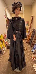 1890's-1900's Black on Black Taffeta Skirt, Top and Cape with Black Jet Trim, Hat with Mannequin