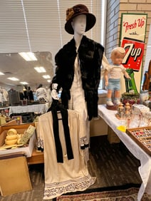 Turn of the century dress,  white coat, flapper era silk dress, stains noted, 1920' hat in good