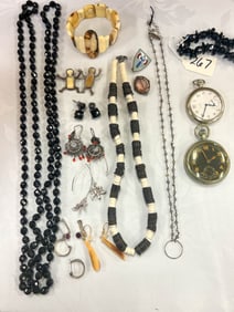 Sterling silver jewelry lot, with jet necklace