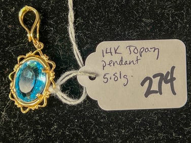 14K Gold Large Blue Topaz Pendant