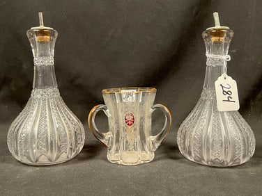 Pair of Pressed Glass Crystal Barber Bottles and 3 Handled Tumbler