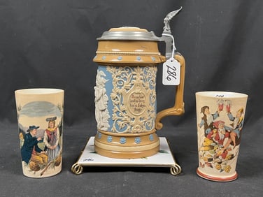 Mettlach Stein, 2 Tumblers and Trivet by Villeroy & Boch