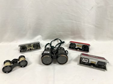 One pair of Binoculars, 3 Folding Opera Glasses and Faux MOP Opera Glasses
