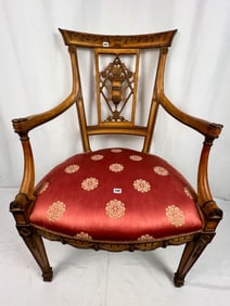 Vintage Carved French Arm Chair with Silk Upholstery
