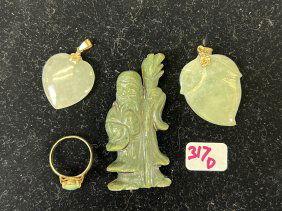 Jade carved deity , 2 jade pendants and jade ring