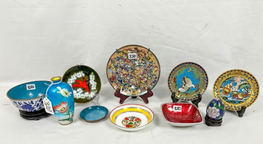 Lot of 10 Vintage Enameled Pieces-5 Plates, 1 Vase, 4 Bowls and a Cloisonne Egg
