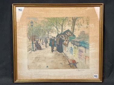 Tavik Simone Signed Hand Colored Aqua Tint of Parisian Vendors