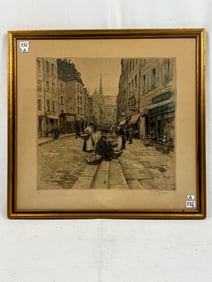 Tavik Simone Signed Hand Colored Aqua Tint Parisian Street Scene