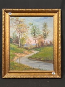 Signed River Landscape In Ornate Gold Frame