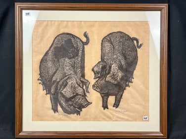 Robert O. Hodgell "Two Sows"  Signed Block Print
