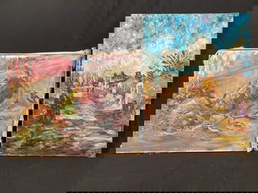 2 oil on canvas paintings, fruit and street scene