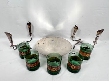 Mixed lot of MCM items. Cocktail Glasses, Decanter, Pitcher, Tray, Candlesticks.