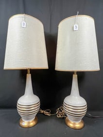 MCM white and gold textured pottery lamps.
