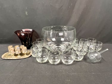 Swedish Punch Bowl with Cups, Purple Glass Vase,  MOP Trim Cordials and Tray