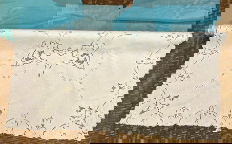 Vintage Madeira white on white linen tablecloth