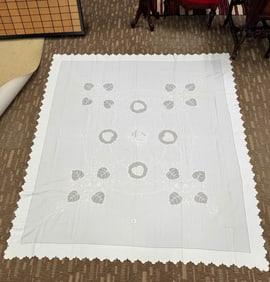 Vintage White on White Embroidered Drawn Work tablecloth with Leaves.
