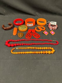Mixed Lot Bakelite and Plastic Bracelets, Earrings, Beaded Necklaces, Shoe Clips and a Compact