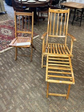 The R. M. S. Queen Mary Deck Chair with Fold Out Ottoman Along with Smaller Folding Chair