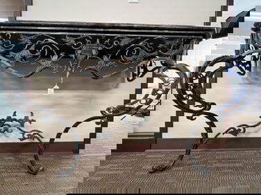 Faux Marble Entry Table with Filigreed Iron Metal Base