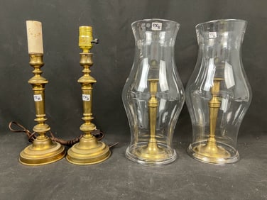 Early Candle sticks electrified lamps with 2 brass candlesticks and hurricanes