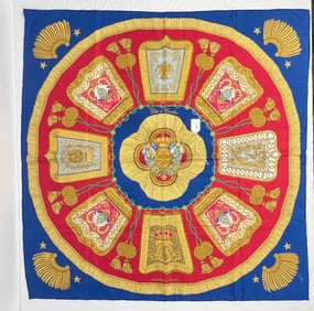 Hermes Silk Scarf Rolled Hem with Tassels and Crests