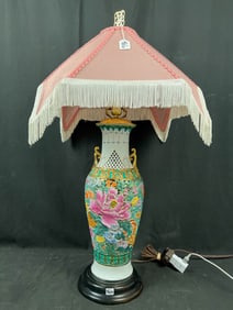 Ceramic Floral Lamp-Peach Shade with White Fringe