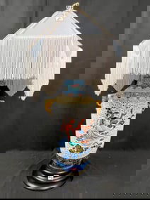 Ceramic Floral Lamp-Blue Shade with White Fringe