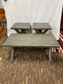 Contemporay Grey Wood Farm Style End Tables and Coffee Table.