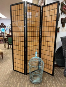 3 part Oriental Slatted Wood Screen, Along with a Hand Made Bird Cage