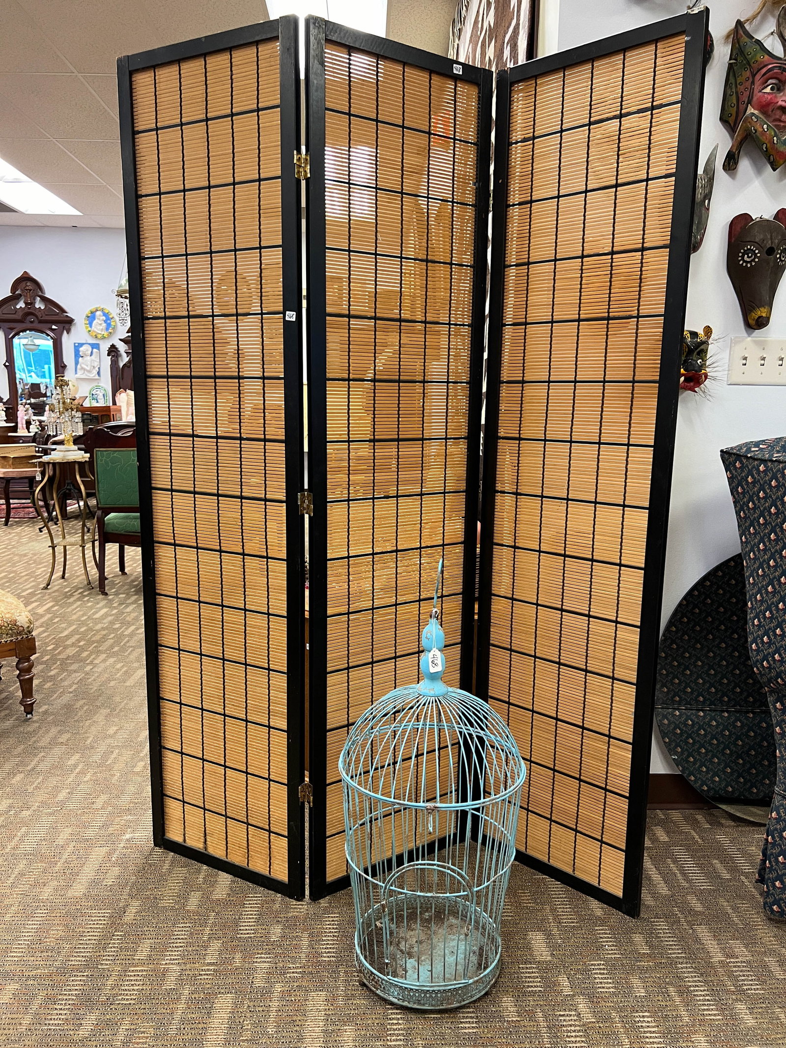 3 part Oriental Slatted Wood Screen, Along with a Hand Made Bird Cage (1 of 3)