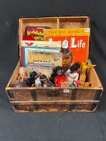 Antique Doll Trunk Filled with Children's Books and Native American Dolls