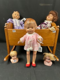 Lot of Composition Dolls, Doll Heads and Wooden Crib