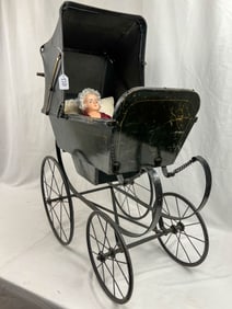 Antique Oil Cloth Doll Carriage Circa 1910 and Doll