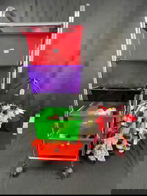 Huge lot of Doll clothes and a 5 drawer rolling cart with Dolls, Doll house furniture and more