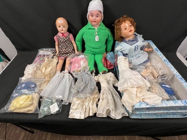 Lot of 3 Antique Composition Dolls and Clothing