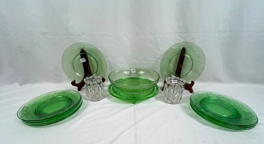 Mixed Lot of Green Depression Glass, Uranium Glass Bowl, and pair of Clear Crystal Candle Holders