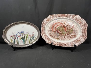 Johnson Brothers Turkey Platter and Oval Porcelain Iris Platter Framed in Stainless Steel