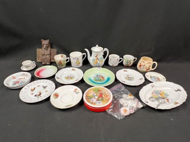 Mixed Lot of Porcelain Chldrens Dishes and Teapot, Mugs, Old Tin, Bear Tie Rack.