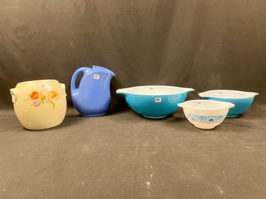 5 Piece Pryex Cinderella Bowls, Lidded Cookie Jar, Blue Pitcher with Lid