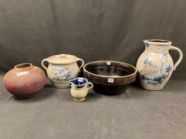 5 Piece Salt Glazed, Brown ware, and Raku Pottery