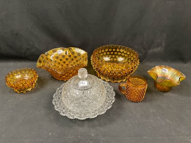 6 Piece Pressed Glass, Hobnail and Carnival Glass