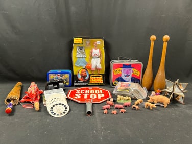 A mixed lot of lunch boxes, viewmaster, umbrellas, sport trading cards, Dennis Rodman doll, spools,