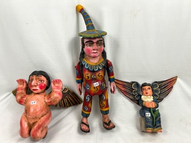 Lot of 3 Carved Wood  Folk Art Figurines