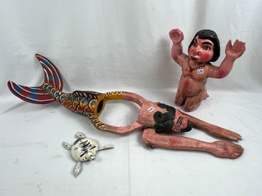 3 Folk Art hand carved Wood Items