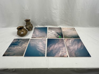 7 Panel Tile Picture and Two Brass Decorated Vases