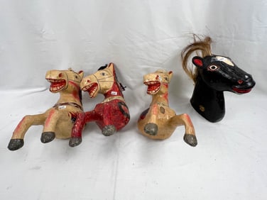 4 Folk Art horses, paper mache and wood.