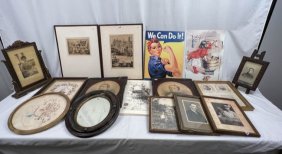 Mixed Lot of 16 Framed Photos, Etchings and Metal Signs