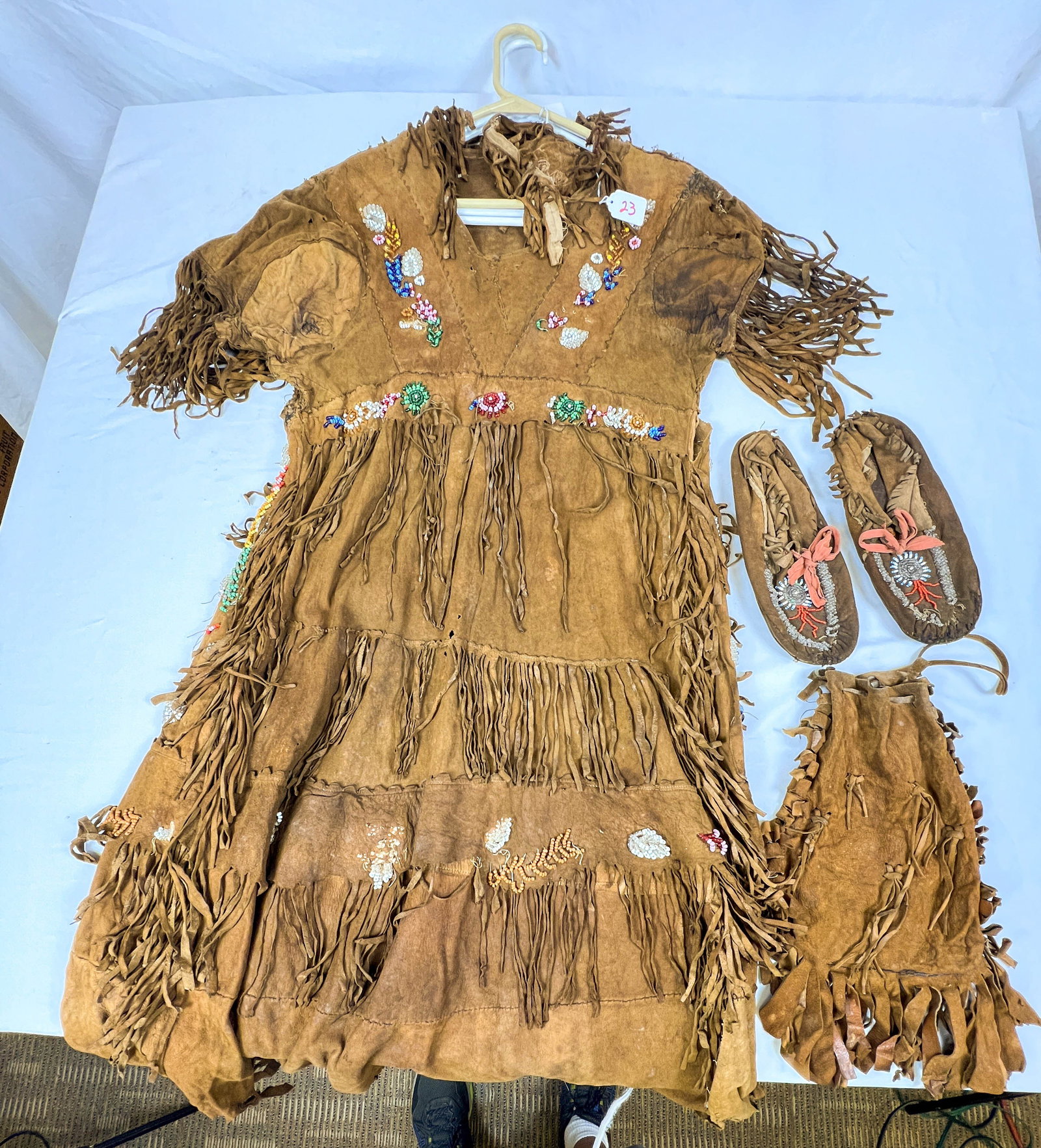 Brown Leather Dress with Sweaty Trade Beads along with Moccasins and Purse (1 of 11)